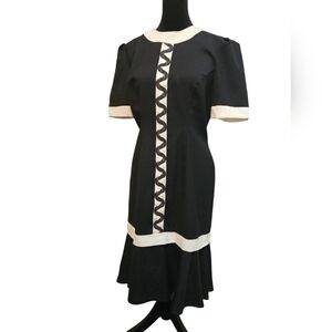 Vintage 80s Black and White Dress with Zigzag Detail Size 6 Petite